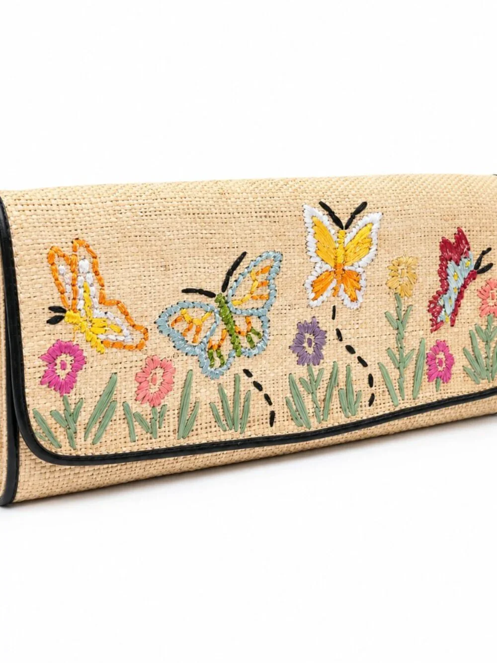 Embroidered Butterfly Floral Straw Envelope Clutch Bag Tan Multicolor